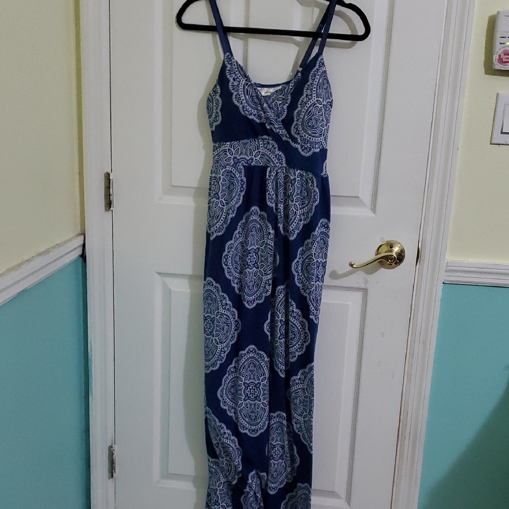 Allidon Brittney Blue & White Bandana Paisley Boho Beachy Knit Maxi Dress Lg